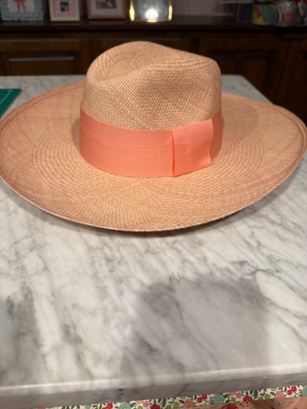 Wide Brim Straw Fedora Hat in Peach with Ribbon Band